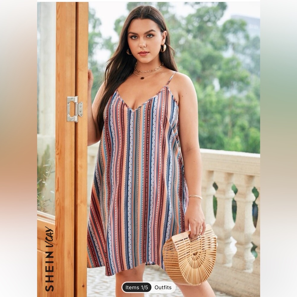 Plus Double V-neck Geo Print Cami Dress